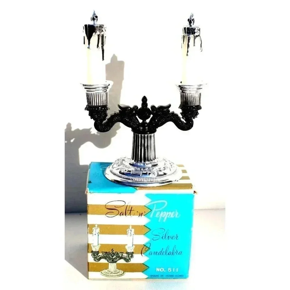 Vintage 1970’s Plastic Silver Candelabra Salt and Pepper Shakers Original Box